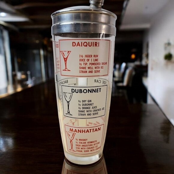 Vintage Glass Cocktail Shaker w/ Nine Drink Recipes Mid-Century Barware - Picture 1 of 8